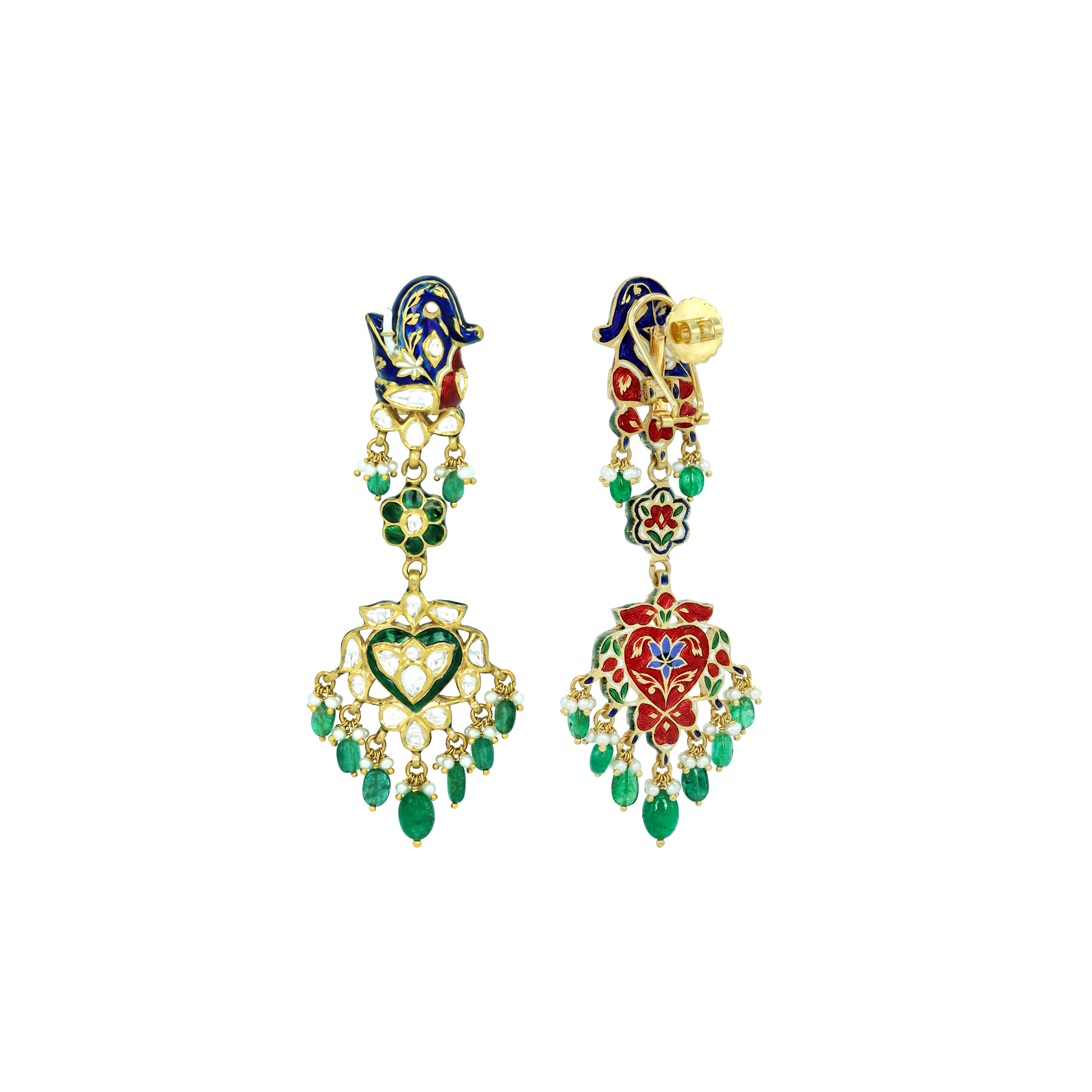 Earrings with Blue Enamel, Polki, and Emerald Drops